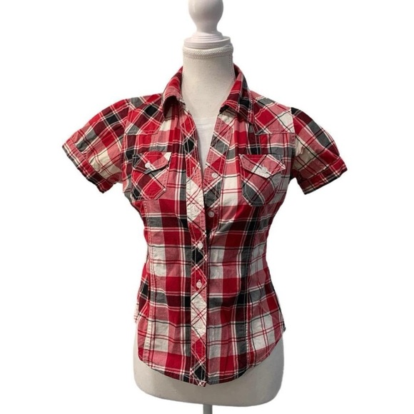 SWS Y2k Red Check Plaid Button Down Shirt with Puff Sleeve Size Medium - Picture 3 of 7